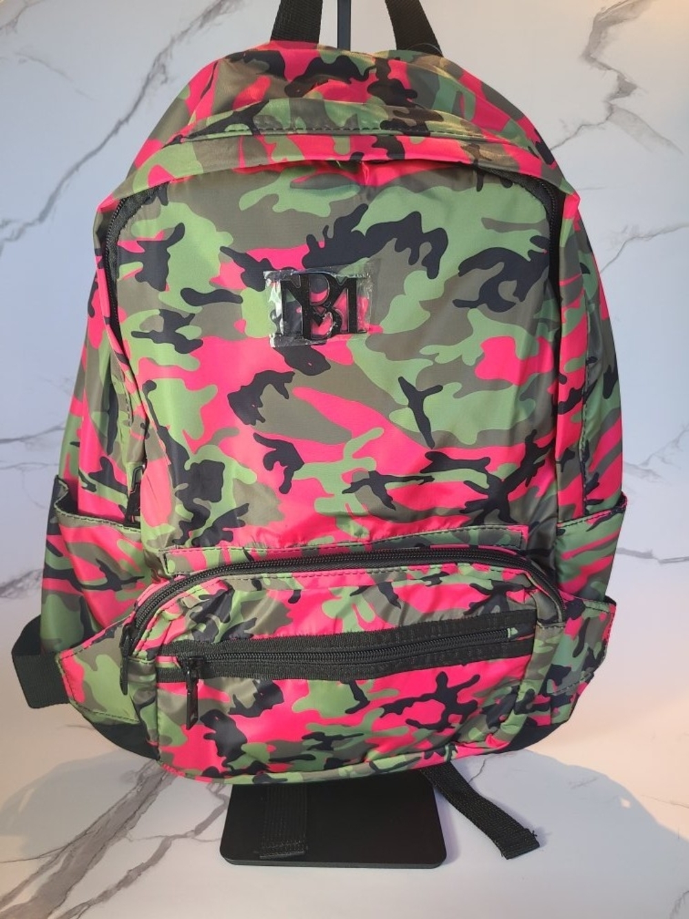 Badgley Mischka Neon Pink & Green Camo Backpack with Black Accents